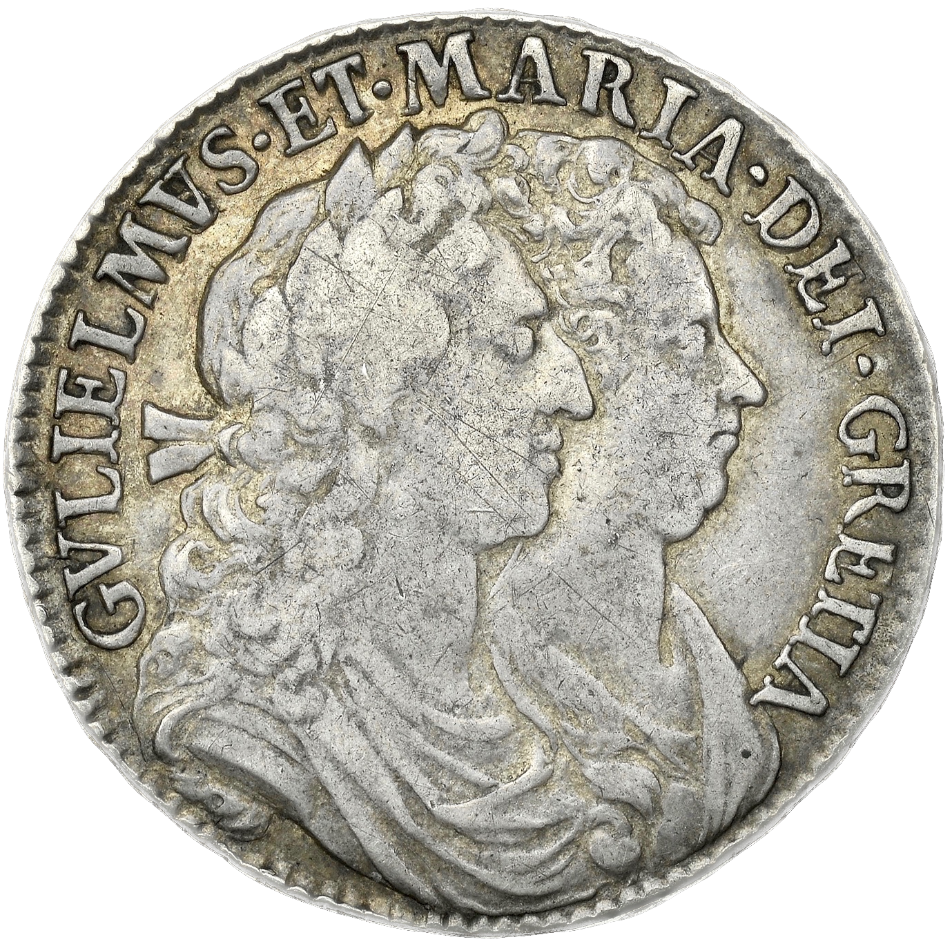 1690 Halfcrown First busts Edge SECVNDO S3435 ESC 848 GRETIA error with V over S in GVLIELMVS Extremely rare (R3) VF