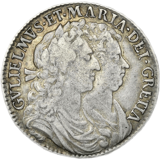 1690 Halfcrown First busts Edge SECVNDO S3435 ESC 848 GRETIA error with V over S in GVLIELMVS Extremely rare (R3) VF