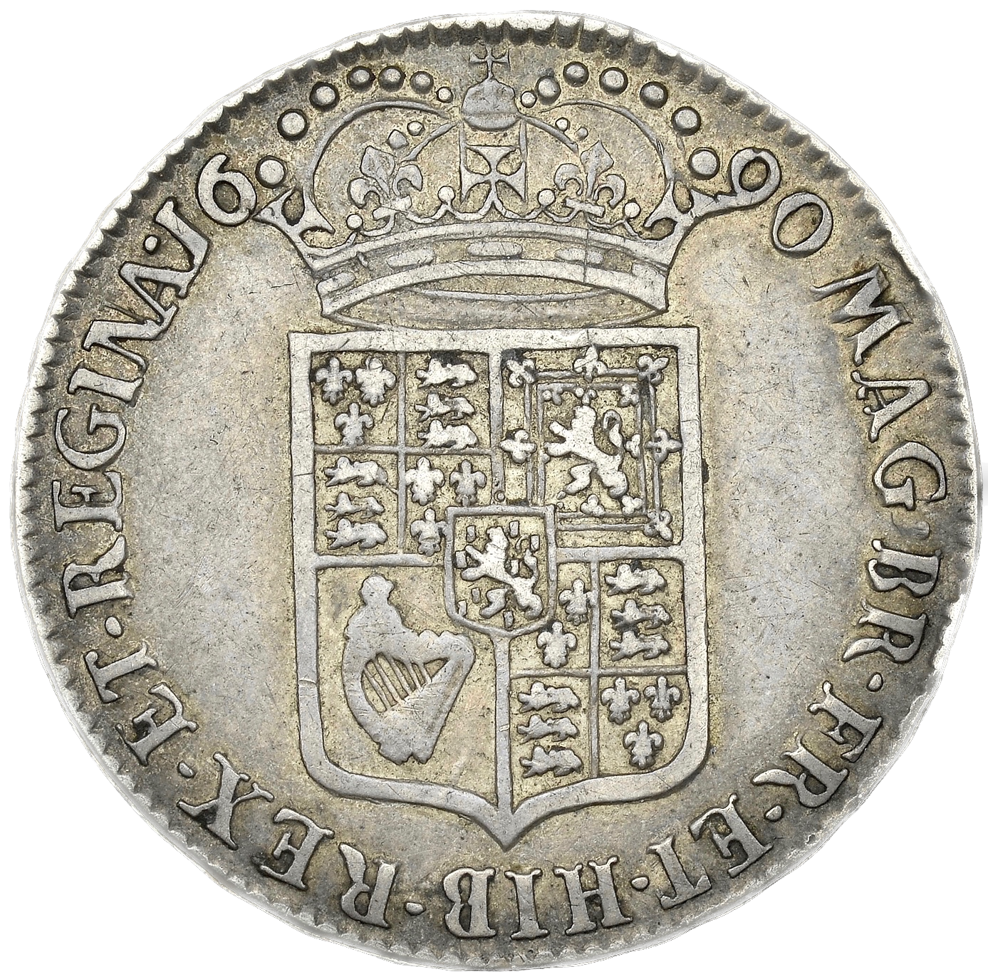 1690 Halfcrown First busts Edge SECVNDO S3435 ESC 848 GRETIA error with V over S in GVLIELMVS Extremely rare (R3) VF