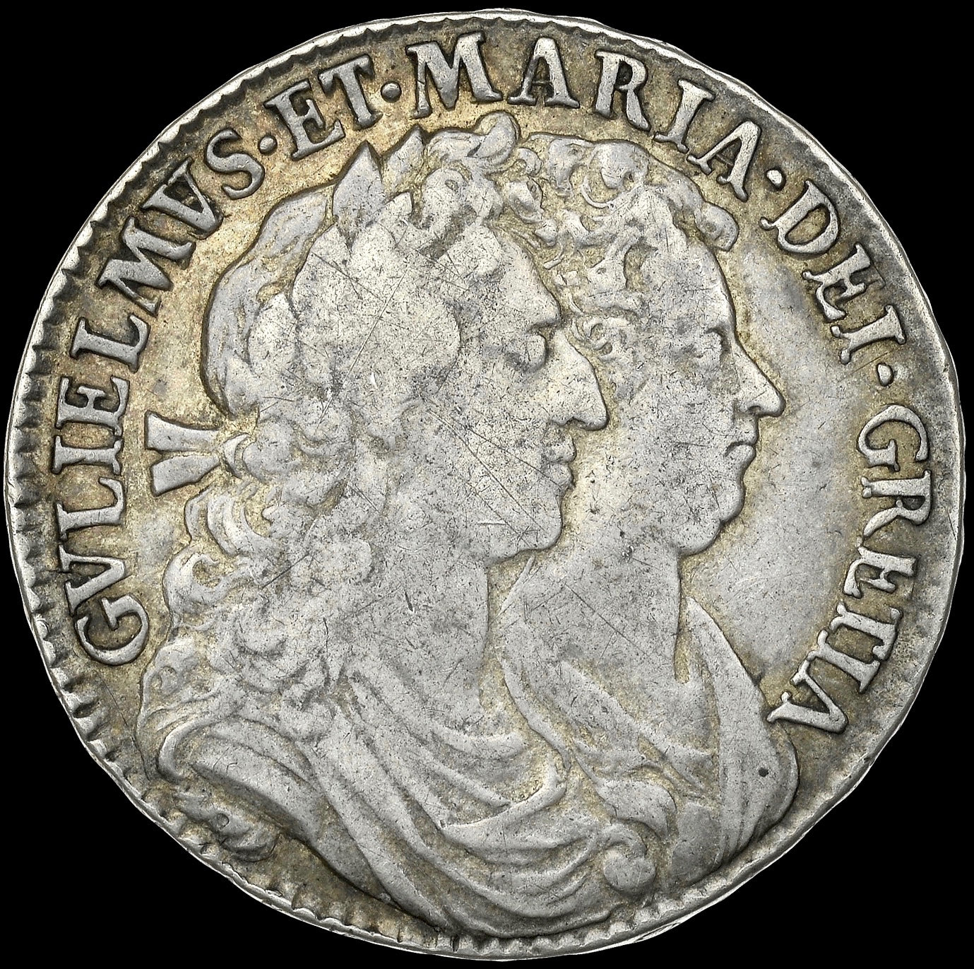 1690 Halfcrown First busts Edge SECVNDO S3435 ESC 848 GRETIA error with V over S in GVLIELMVS Extremely rare (R3) VF