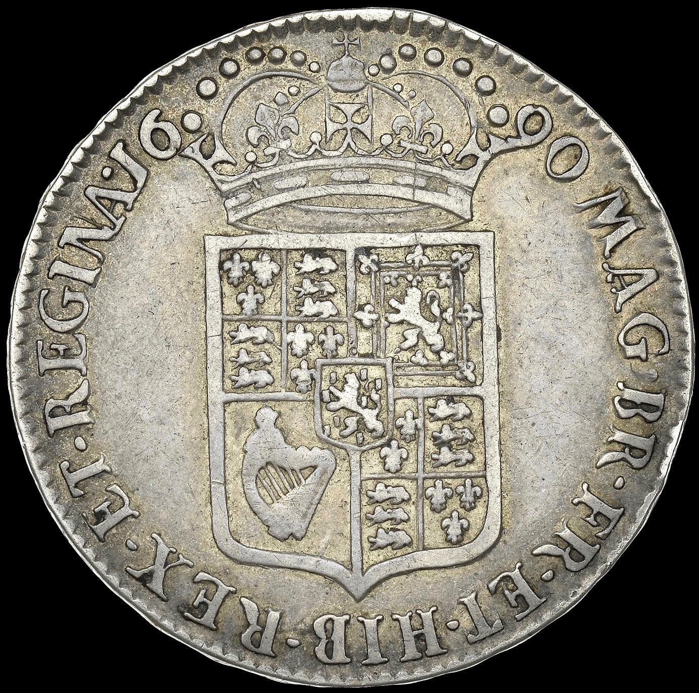 1690 Halfcrown First busts Edge SECVNDO S3435 ESC 848 GRETIA error with V over S in GVLIELMVS Extremely rare (R3) VF