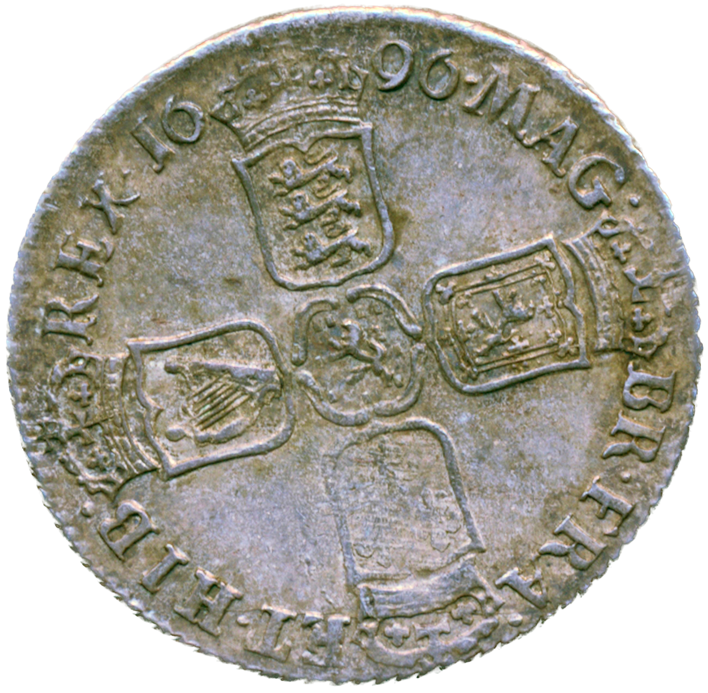 1696 Shilling First bust E over ? in DEI S3497 ESC 1104var GVF