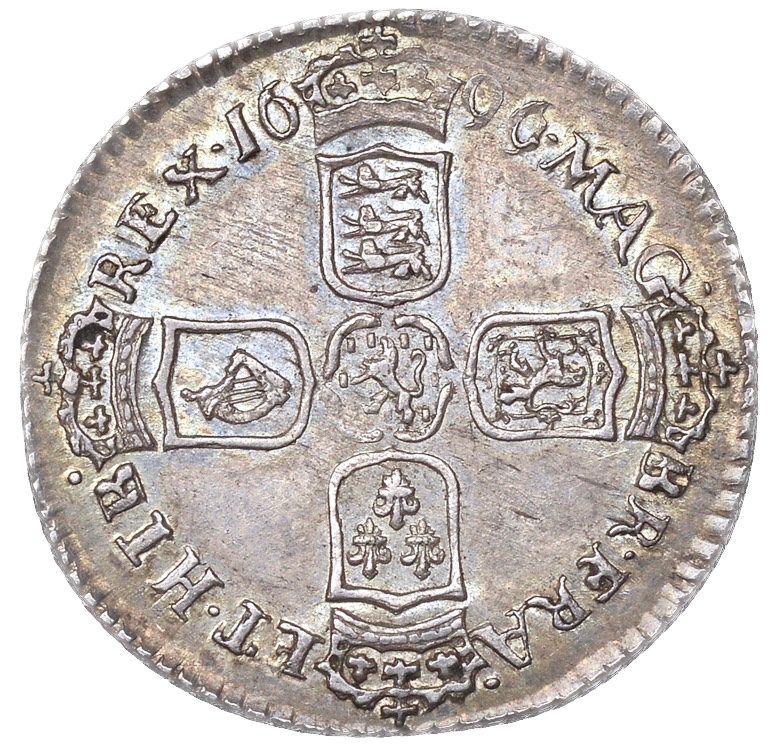 1696/5 Sixpence First bust S3520 ESC 1207 E over C in GVLIELMVS Very rare (R2) EF