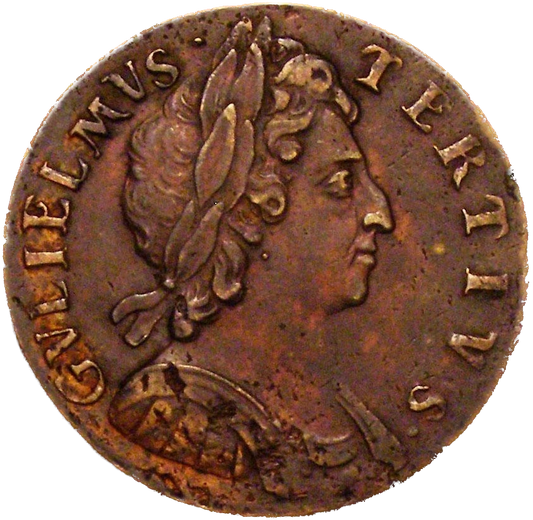 1696 Halfpenny (type 1) S3554 BMC 641 Scarce NEF/GVF