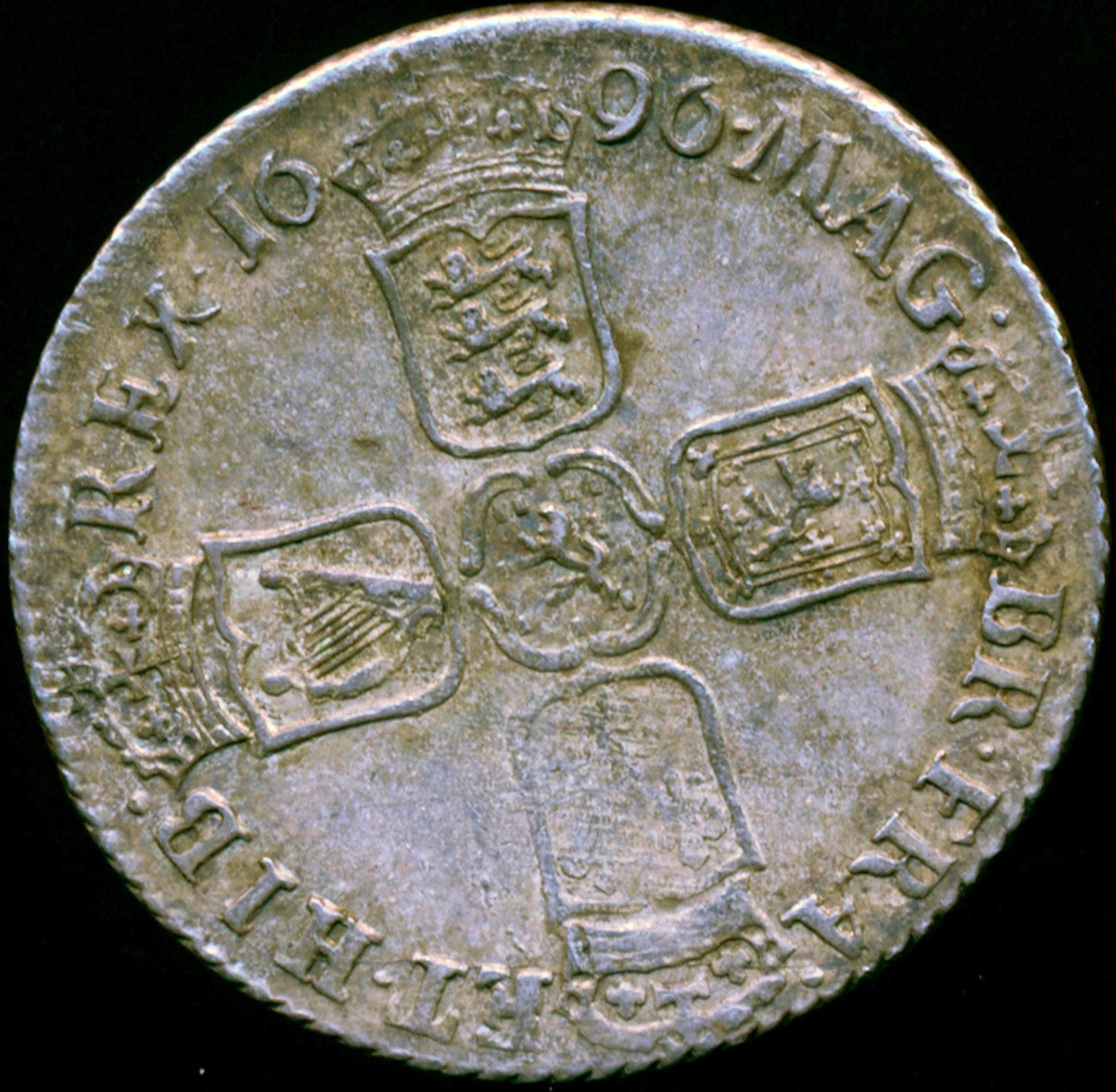 1696 Shilling First bust E over ? in DEI S3497 ESC 1104var GVF