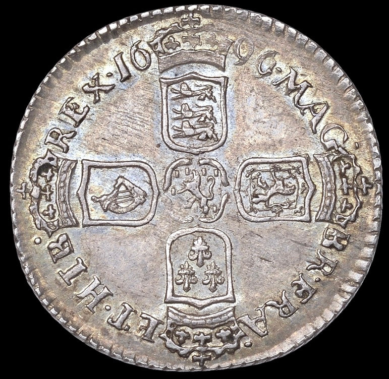 1696/5 Sixpence First bust S3520 ESC 1207 E over C in GVLIELMVS Very rare (R2) EF