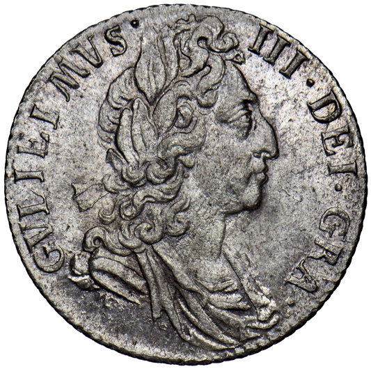 1697 Sixpence S3538 ESC 1237 Third bust GVLIEIMVS error Excessively rare (R4) UNC