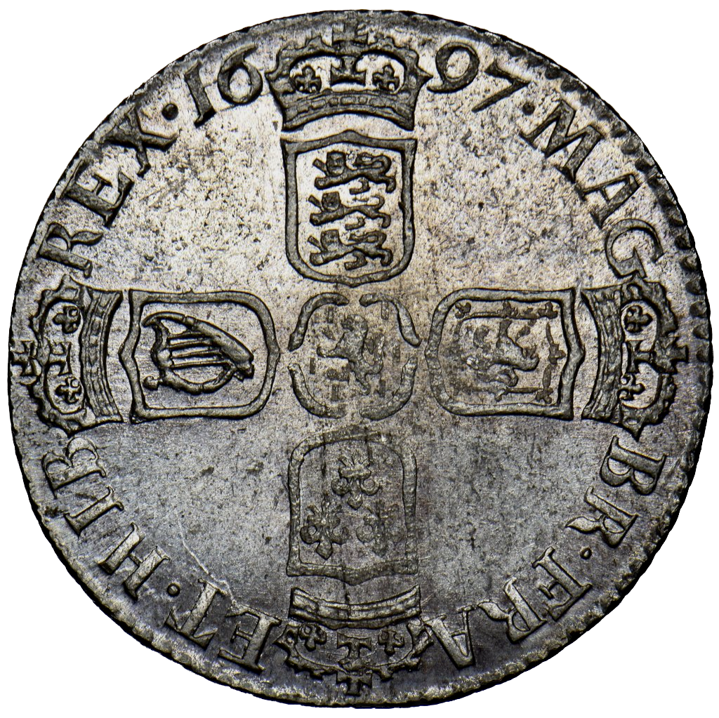 1697 Sixpence S3538 ESC 1237 Third bust GVLIEIMVS error Excessively rare (R4) UNC