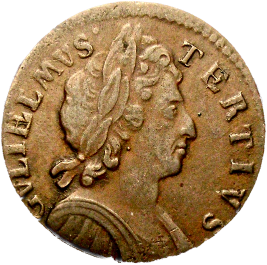 1697 Halfpenny (type 1) S3554 BMC 647var E over B in GVLIELMVS Rare VF