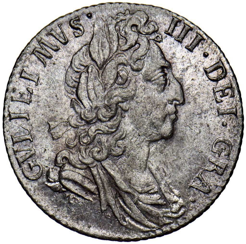 1697 Sixpence S3538 ESC 1237 Third bust GVLIEIMVS error Excessively rare (R4) UNC