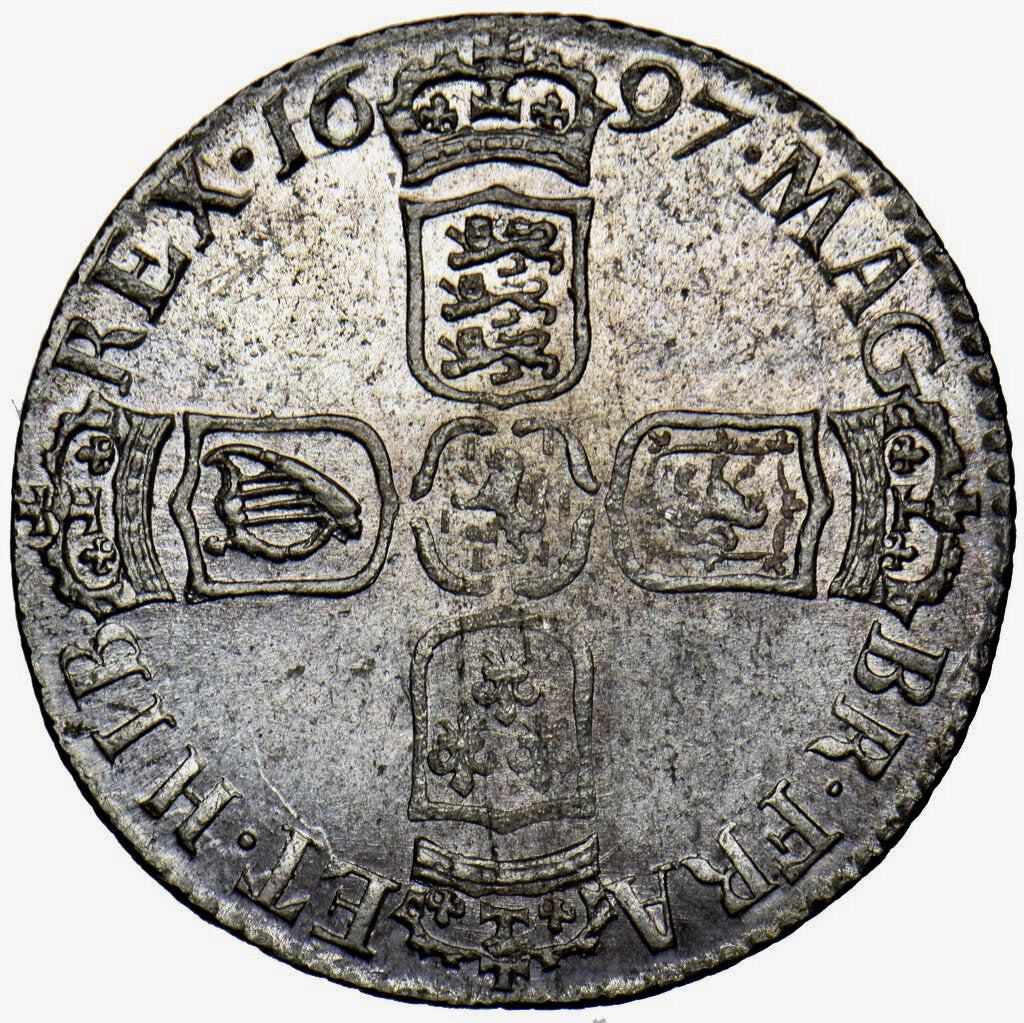1697 Sixpence S3538 ESC 1237 Third bust GVLIEIMVS error Excessively rare (R4) UNC
