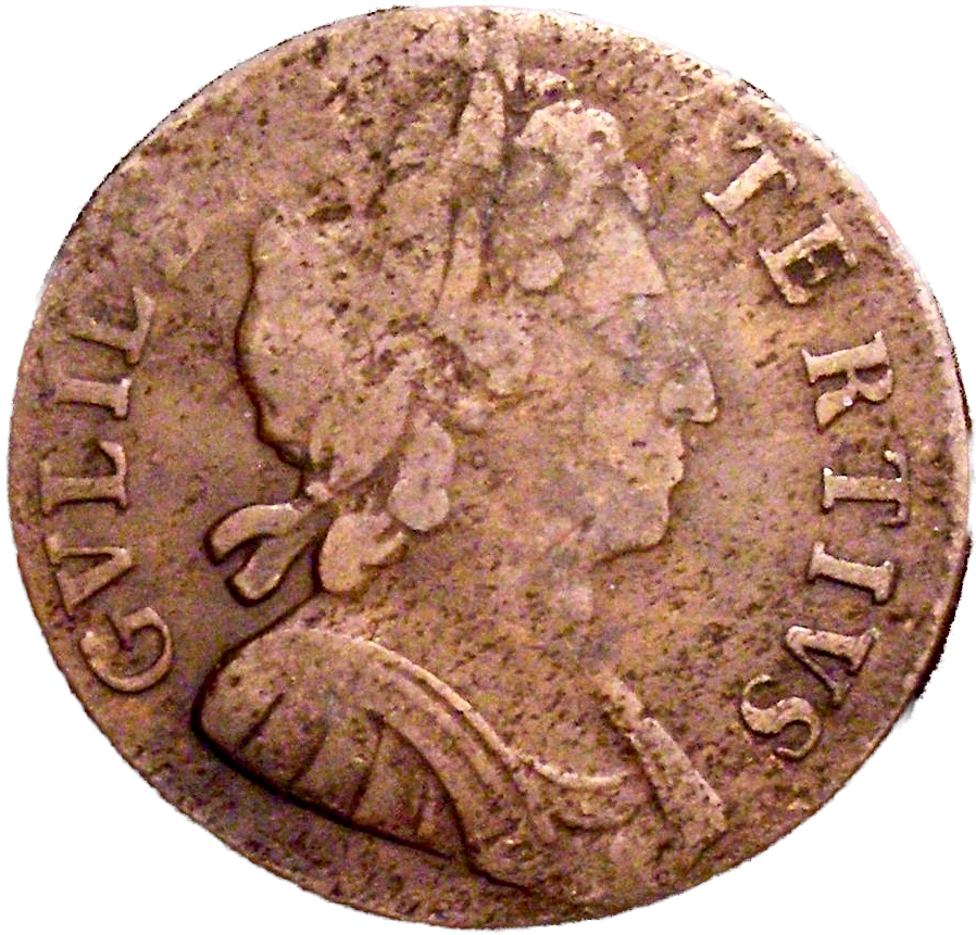 1699 Halfpenny (type 2) No stop after date; Unbarred As BMC 676var Extremely rare F