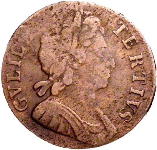1699 Halfpenny (type 2) No stop after date; Unbarred As BMC 676var Extremely rare F