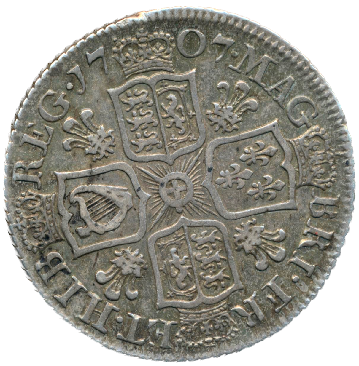 1707 Shilling Third bust Plumes in angles S3611 ESC 1396 Scarce VF