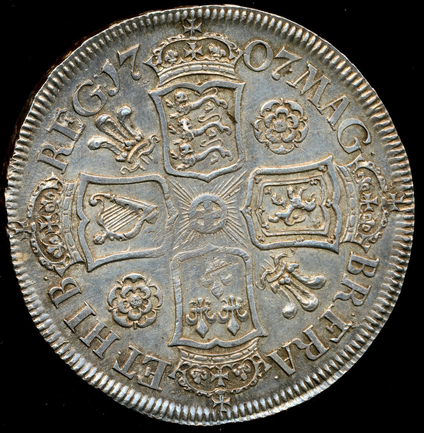 1707 Halfcrown First bust Roses and plumes Edge SEXTO S3582 ESC 1364 GVF/NEF
