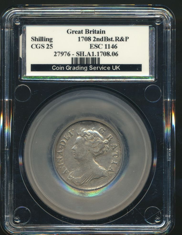1708 Shilling S3613 ESC 1398 Second bust Roses and plumes Extremely rare (R3) AVF CGS 25