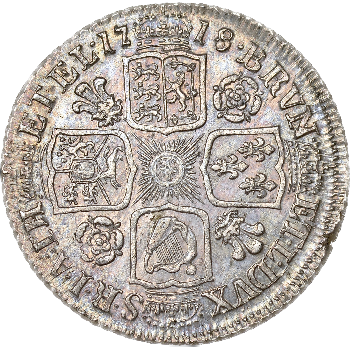 1718 Shilling First bust Roses and plumes S3645 ESC 1566 EF