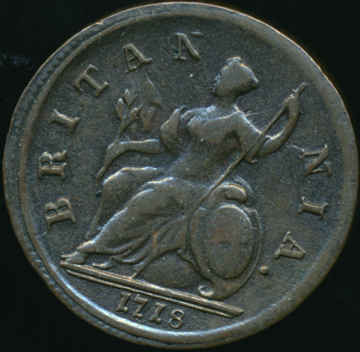 1718 Halfpenny Obverse no stops S3659 BMC 775 GVF Very rare