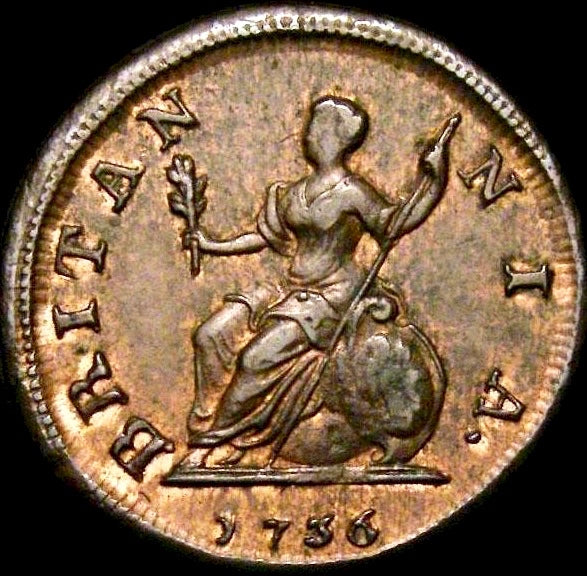 1736 Farthing S3720 BMC 864 Date low in exergue GEF CGS65