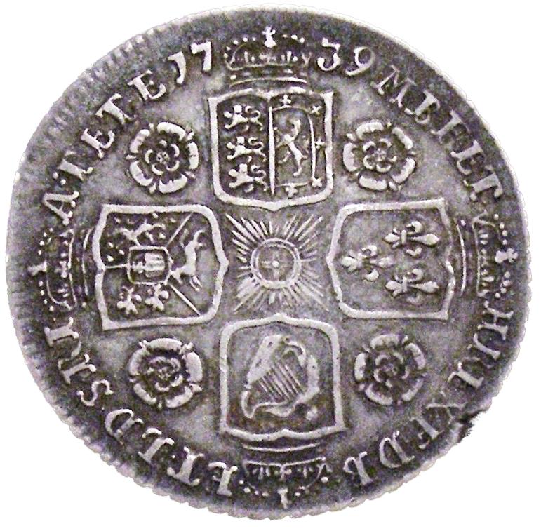 1739 Shilling Young head Roses in angles Small garter star S3701 ESC 1715 Excessively rare (R4) VF