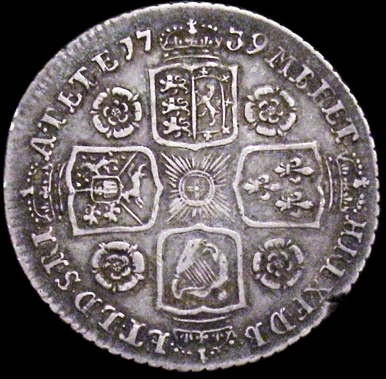 1739 Shilling Young head Roses in angles Small garter star S3701 ESC 1715 Excessively rare (R4) VF