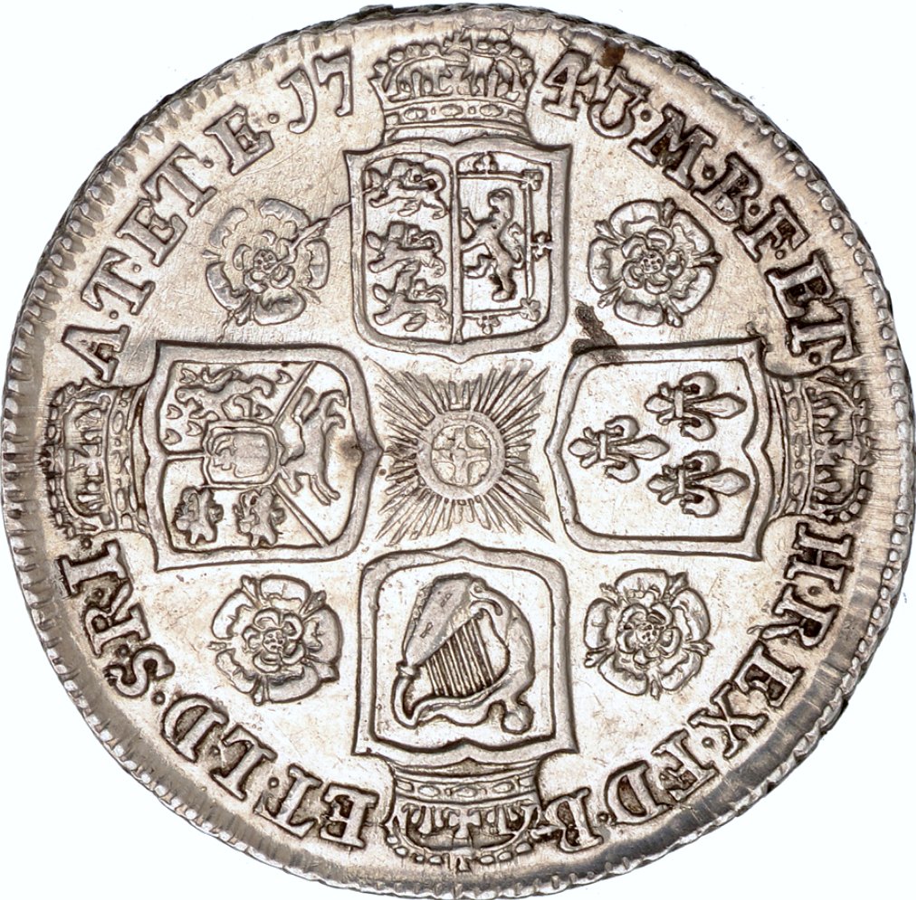 1743 Shilling Old head Roses in angles S3702 ESC 1720 EF or near so