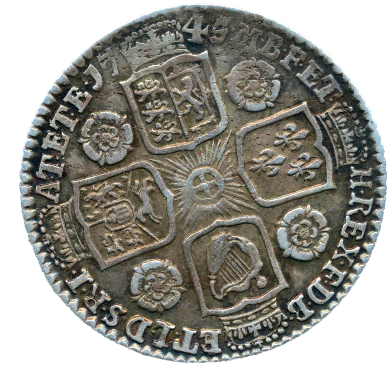 1745/34 Shilling Old head Roses in angles S3702 ESC 1723 Rare (R) GVF