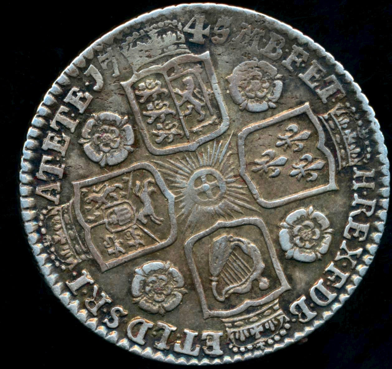 1745/34 Shilling Old head Roses in angles S3702 ESC 1723 Rare (R) GVF