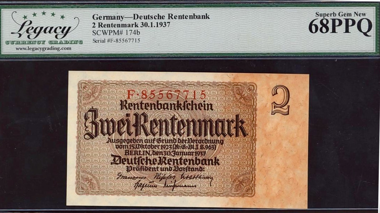GERMANY P.174b 1937 2 Rentenmark SUPERB GEM 68 UNC