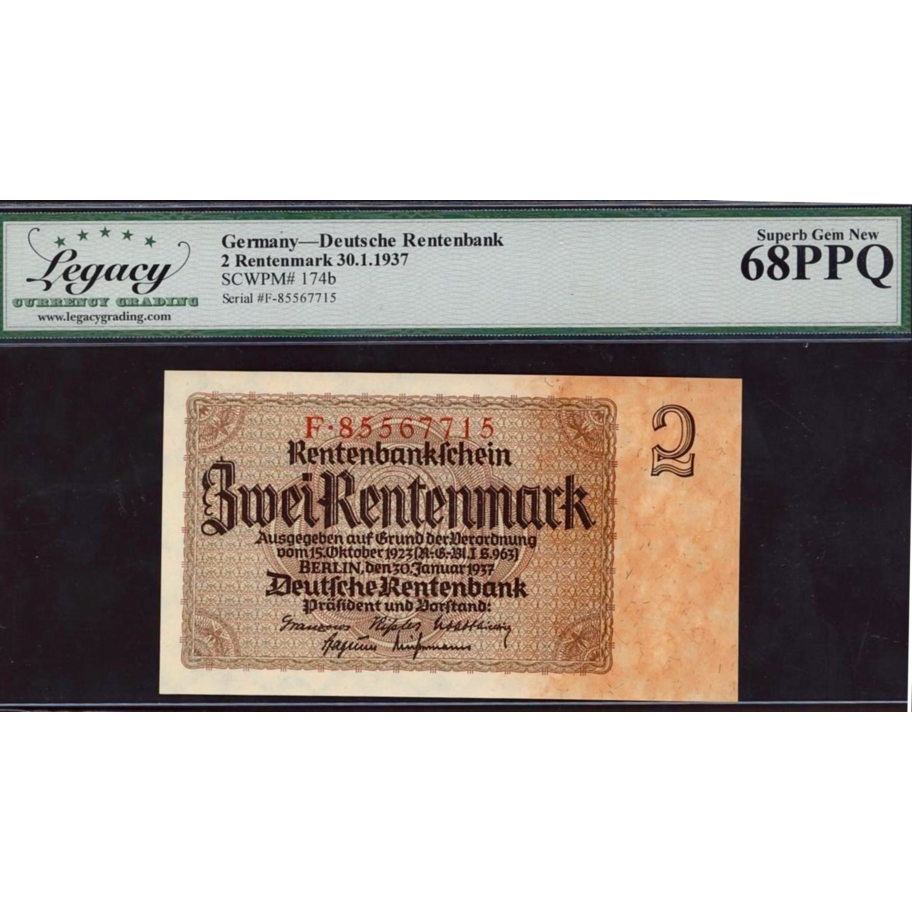 GERMANY P.174b 1937 2 Rentenmark SUPERB GEM 68 UNC