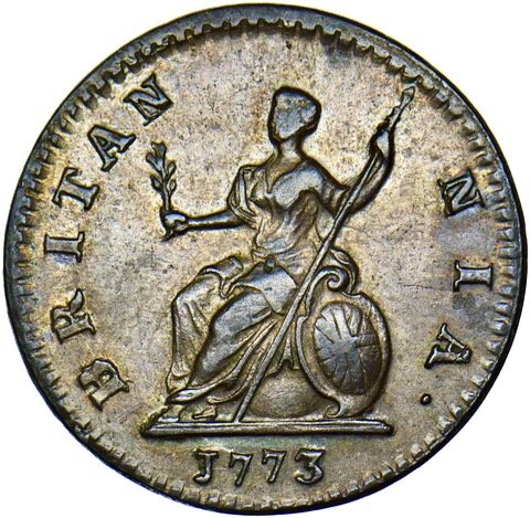 1773 Farthing S3775 BMC 911 Obverse 1 NEF