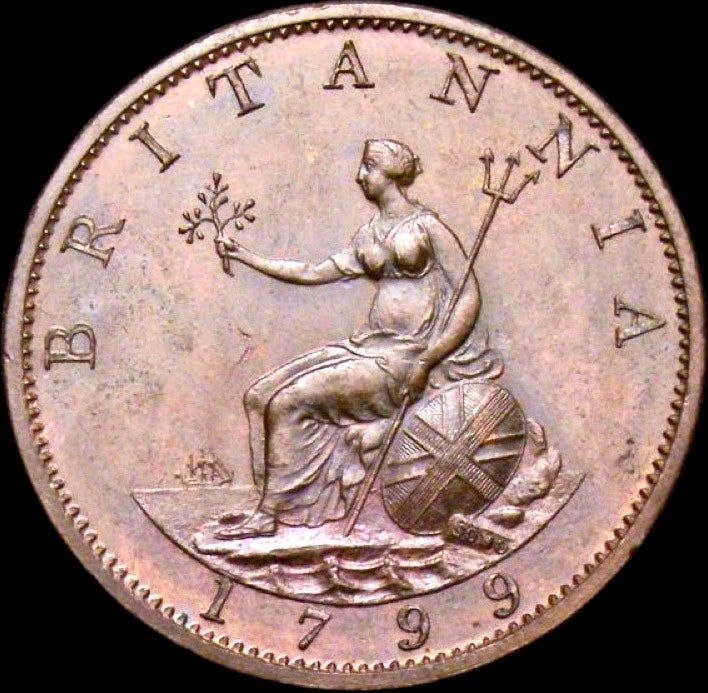 1799 Halfpenny S3774 BMC 1249 6 Gunports UNC