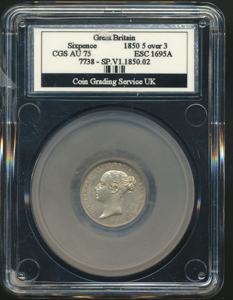 1850 5 over 3 Sixpence First young head S3908 ESC 3186 Very rare (R2) AUNC CGS AU 75