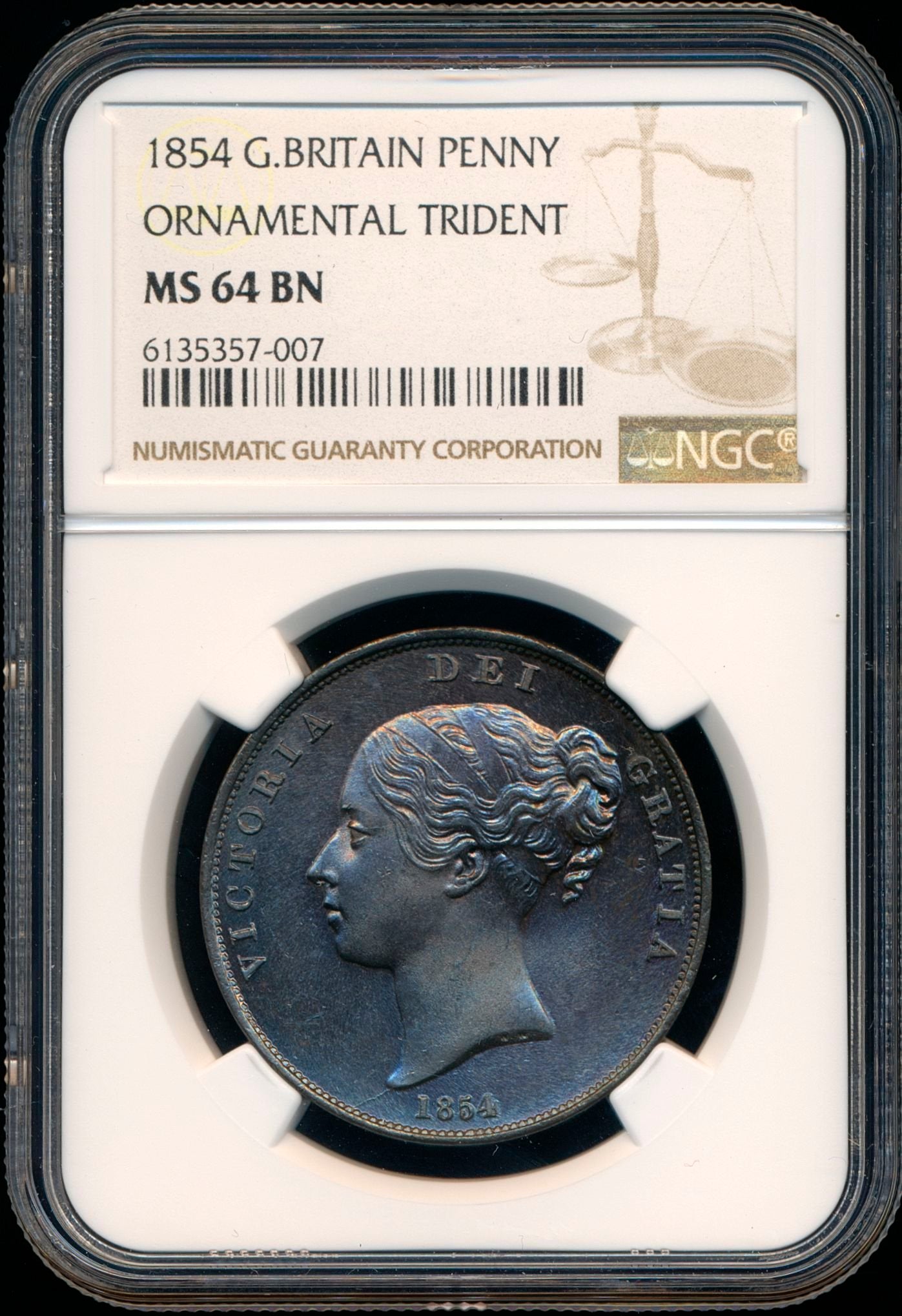 1854 Penny Far colon Ornamental trident S3948 BMC 1507 MS 64 BN