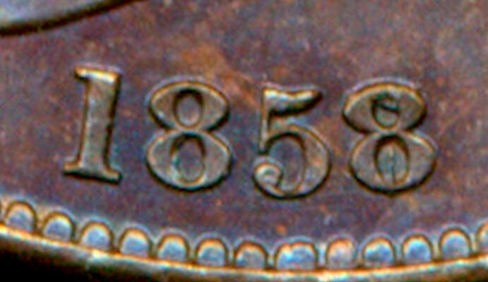 1858/7 Penny WW Far colon Ornamental trident Large date BMC 1516 GEF
