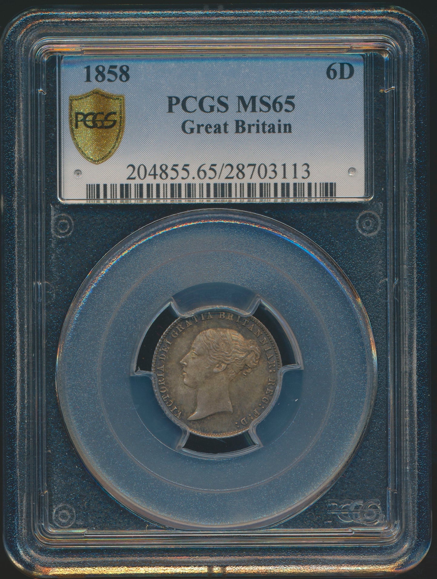 1858 Sixpence First young head Wide date S3908 ESC 3200 Very rare (R2) Choice UNC MS65