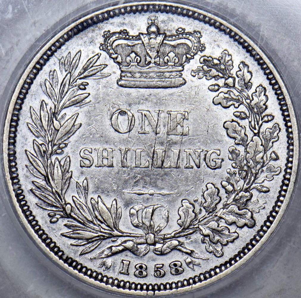 1858/6 Shilling Second young head S3904 ESC 3012 Rare (R?) CGS25