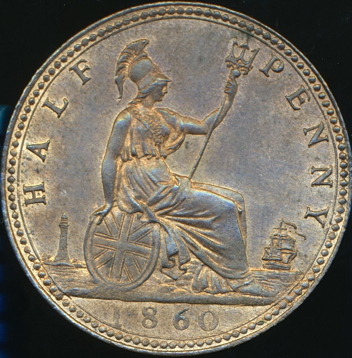 1860 Halfpenny F 258 Obv 1 Rev A Rare (R8) UNC