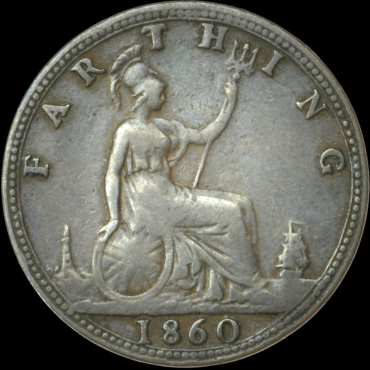 1860 Farthing S3958 F 498 Toothed/Beaded border mule Very rare (R2) F