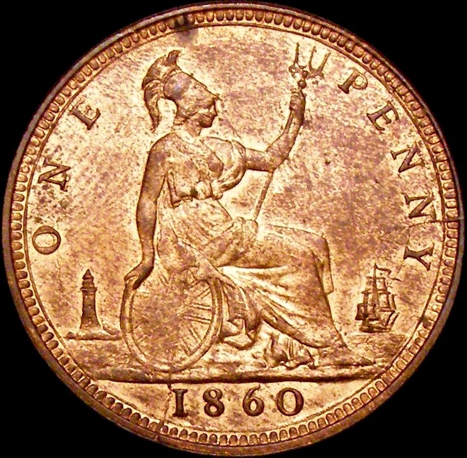 1860 Penny S3954 F10 N over sideways N Satin 11 UNC