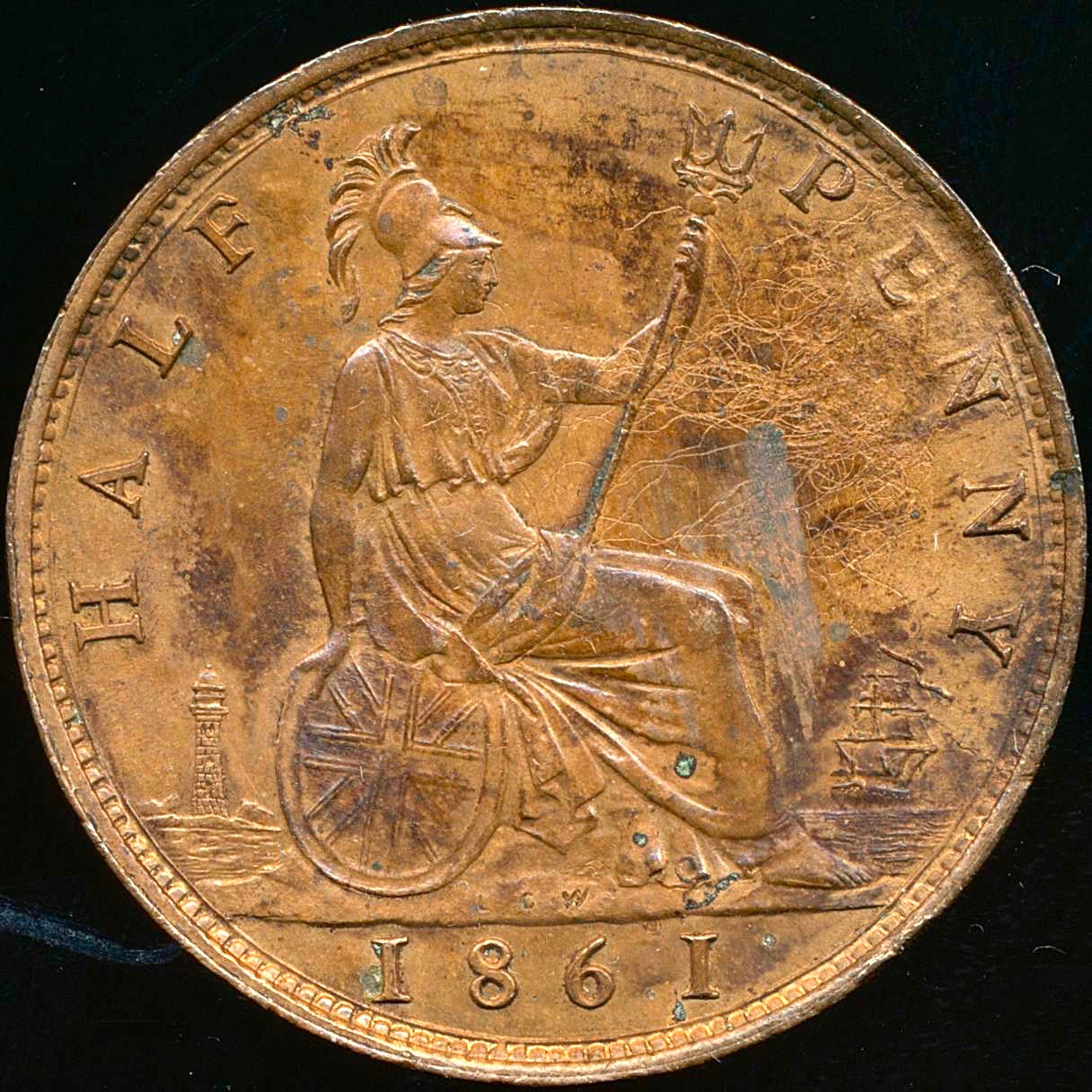 1861 Halfpenny F276 Obv 6 Rev E Very rare (R13) AUNC/EF