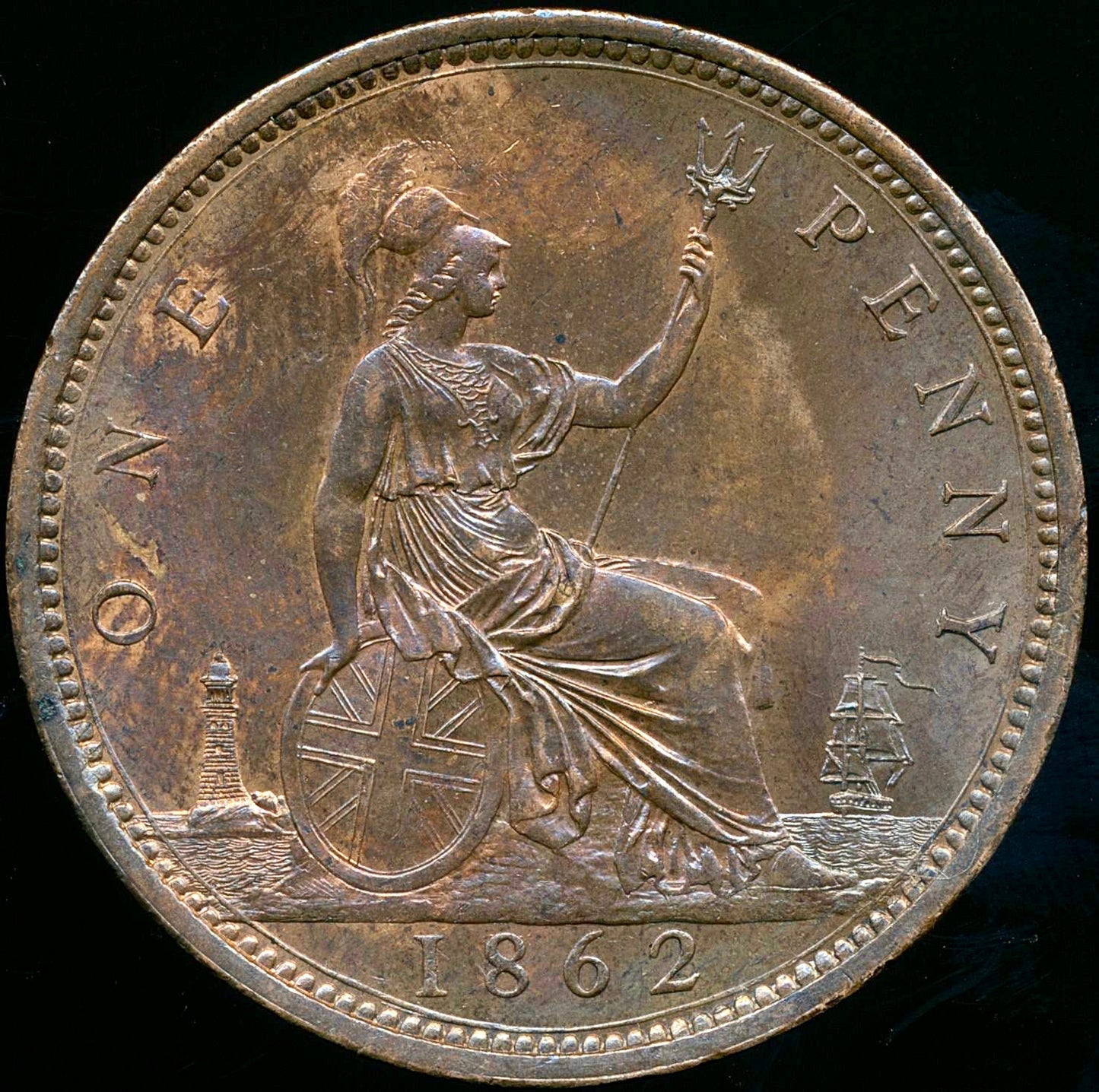 1862 Penny S3954 F39 Obv 6 Rev G UNC