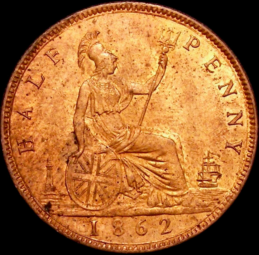 1862 Halfpenny F289 Obv 7 Rev G No rocks to left of Light House UNC