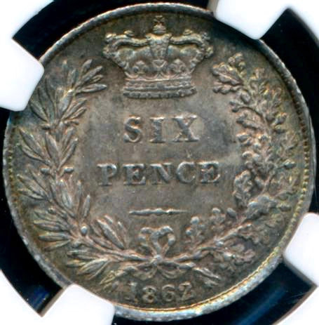 1862 Sixpence First young head S3908 ESC 3207 Extremely rare (R3) AUNC NGC AU 58