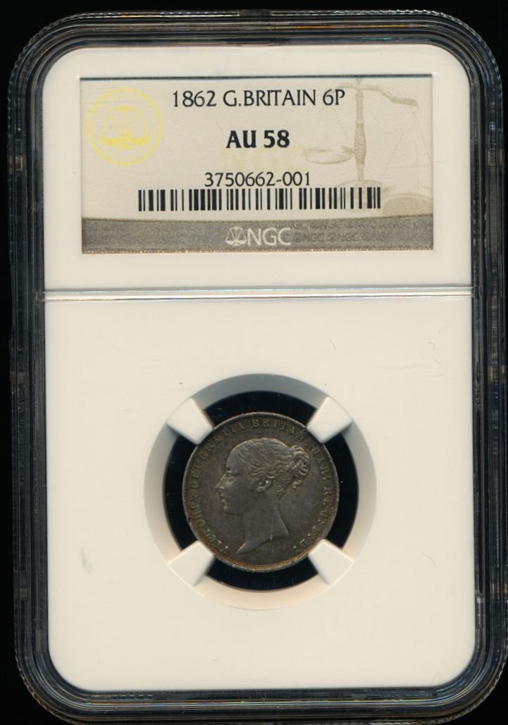 1862 Sixpence First young head S3908 ESC 3207 Extremely rare (R3) AUNC NGC AU 58