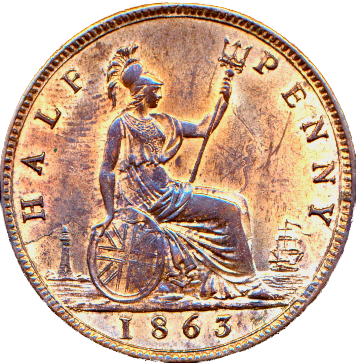 1863 Halfpenny F294 Small 3 Rare (R10) UNC