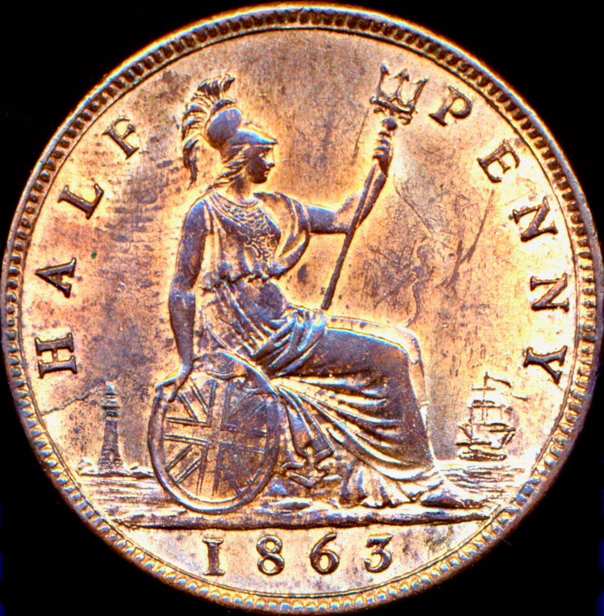 1863 Halfpenny F294 Small 3 Rare (R10) UNC