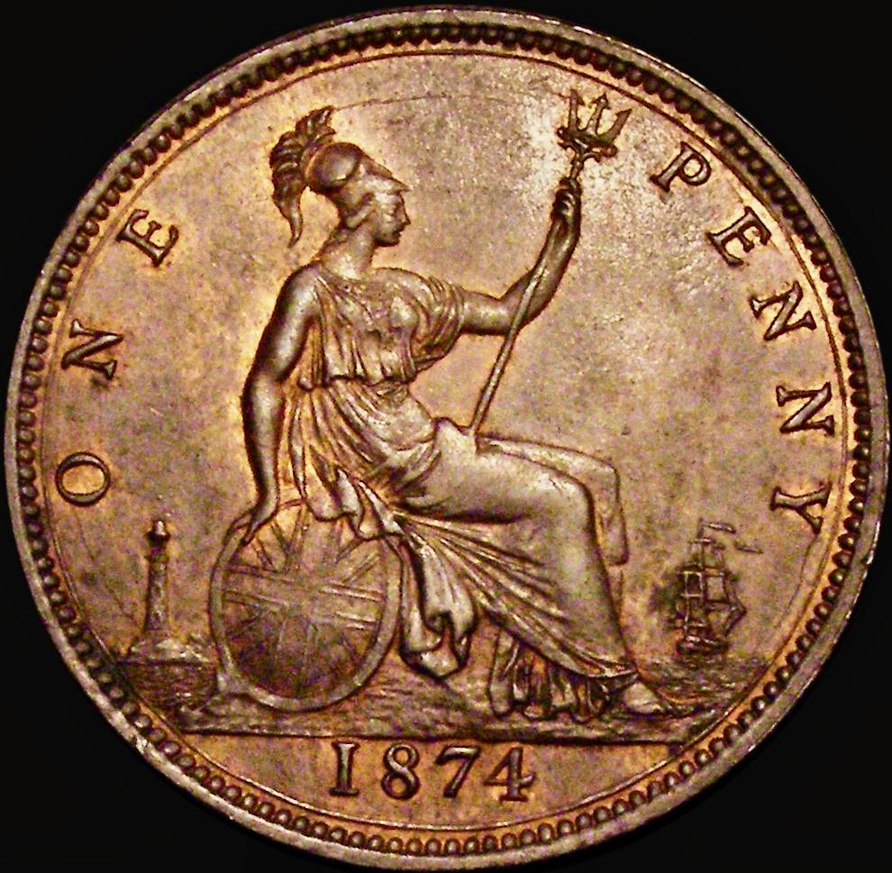 1874 Penny F72 Obv 7 Rev H Rare (R12) AUNC