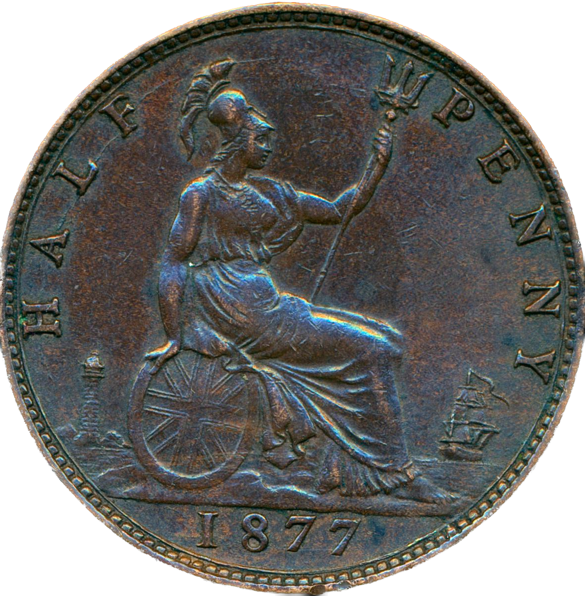 1877 Halfpenny F 332 Obv 14 Rev J Rare (R9) EF