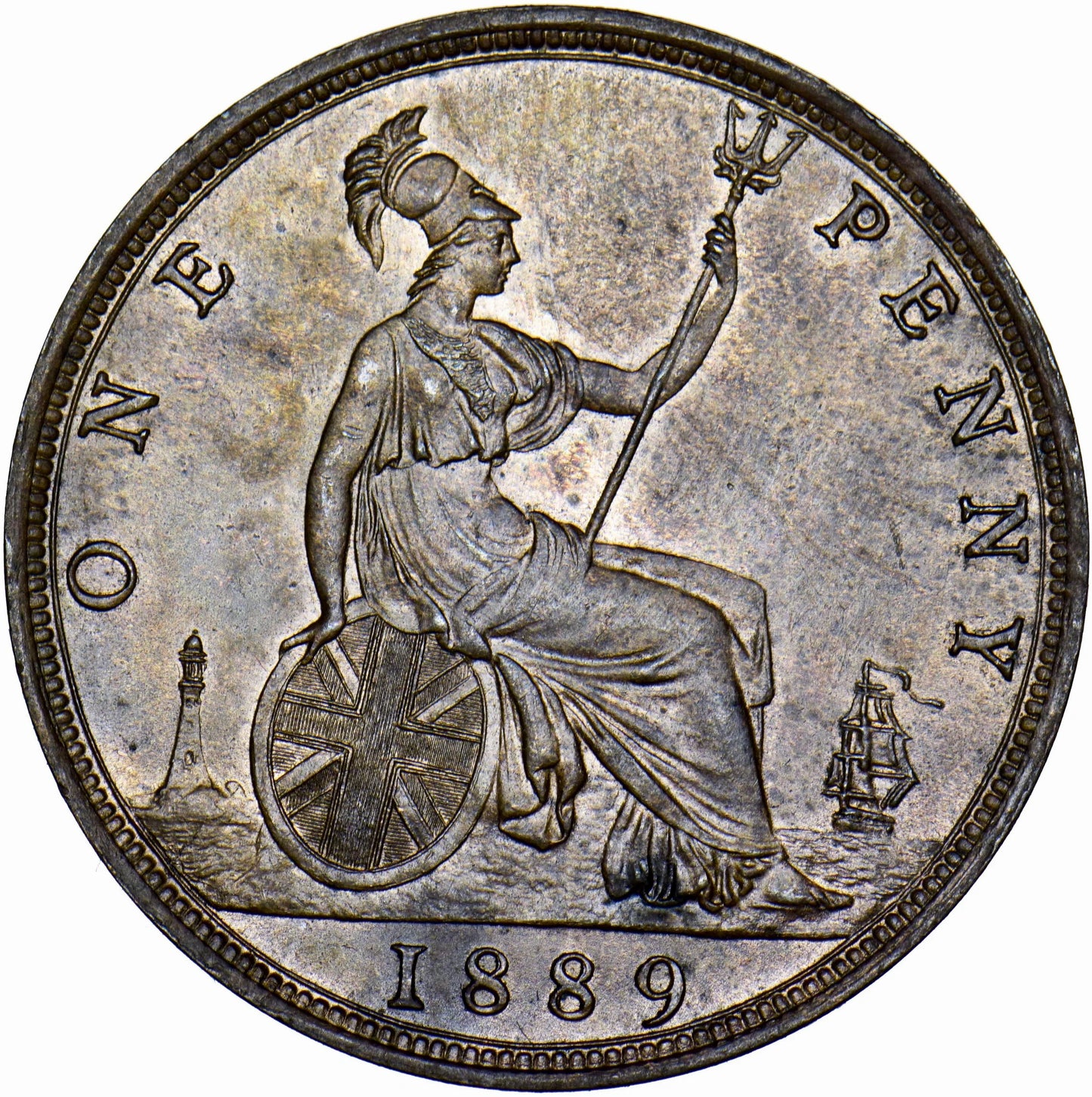 1889 Penny S3954 F128 Obv 13 Rev N UNC